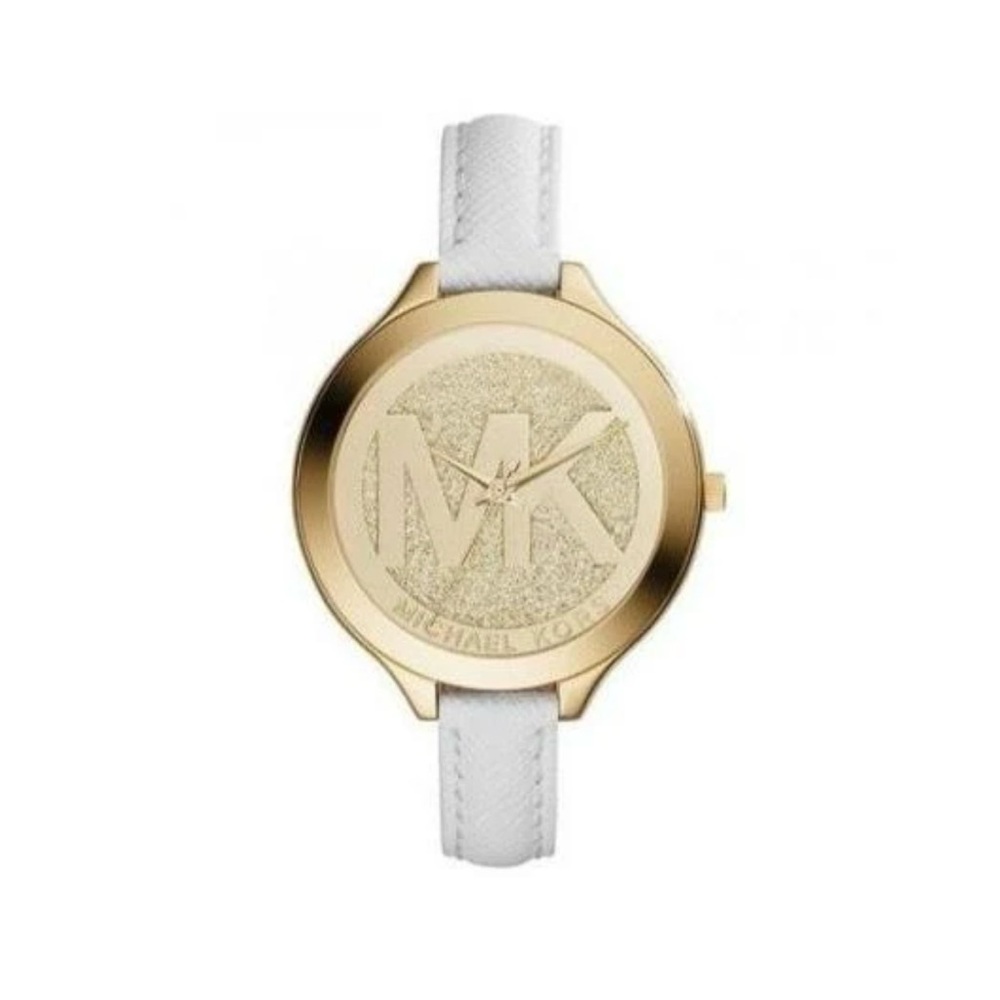 Michael Kors Slim Runway Quartz Gold Dial White Leather Strap Watch - MK2389